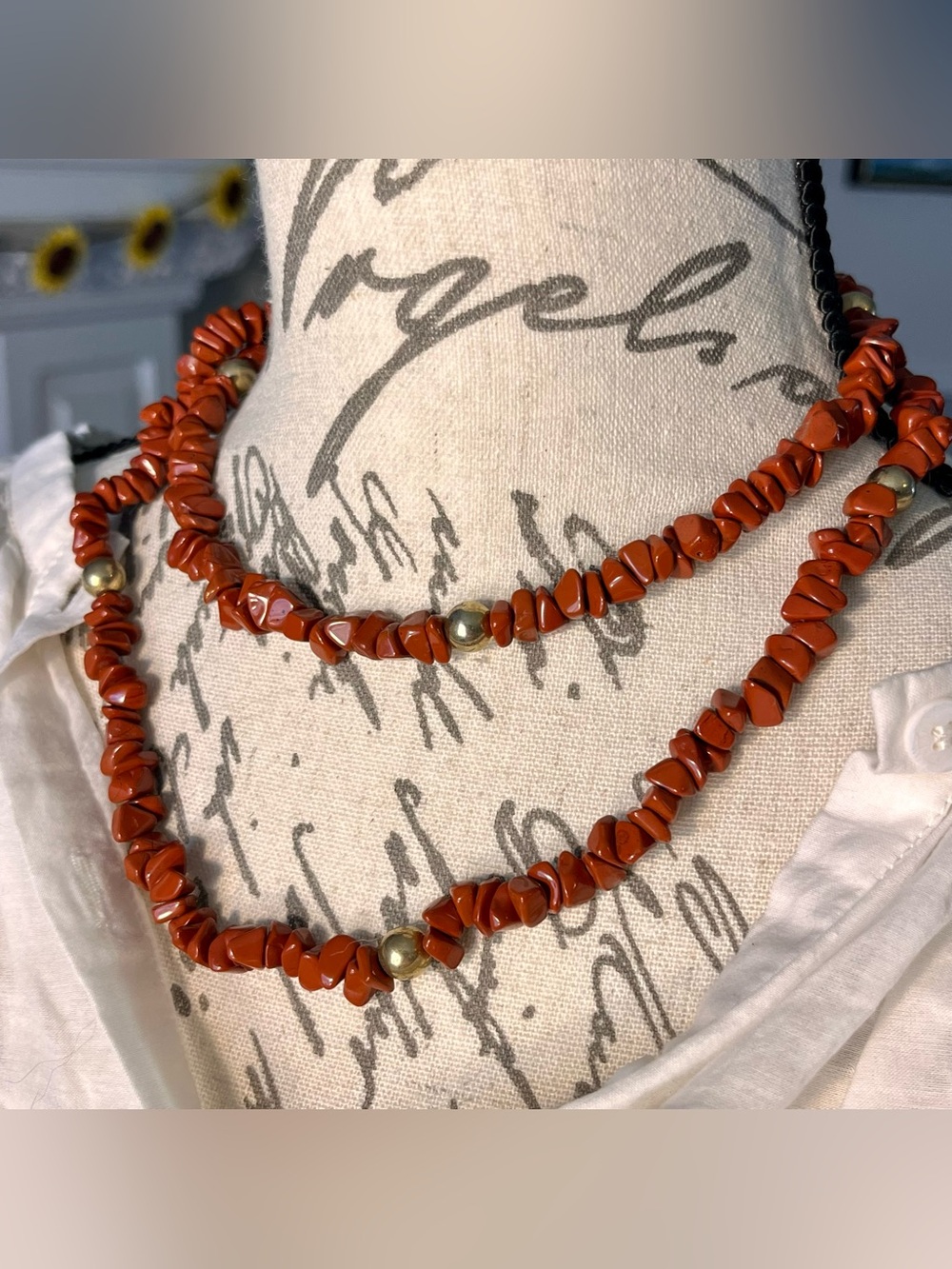 Vintage Handcrafted Red Coral Chip Bead Necklace with Gold Accent Beads
